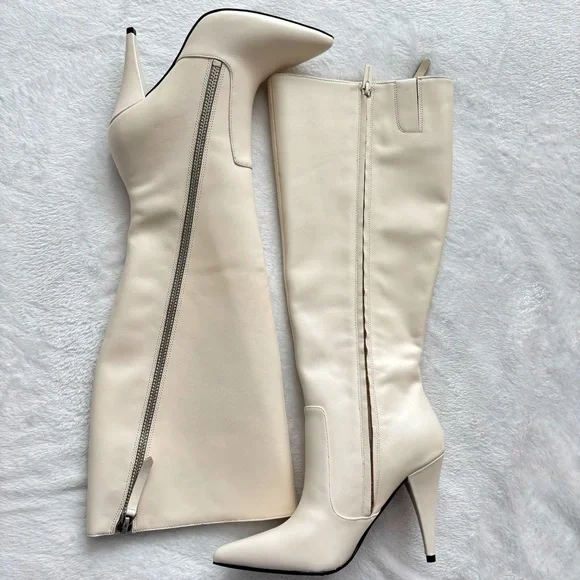 VINCE CAMUTO Alessa Cream Leather Wide Calf Knee High Heeled Boots--NEW--7.5WC - Picture 2 of 14